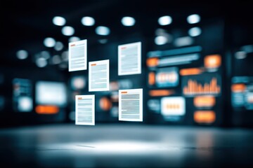 A cinematic Interview room bathed in warm light, Assessment sheets floating midair as handwritten notes transform into data visualizations showing the result 