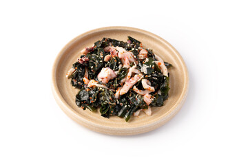 Japanese seaweed salad with shrimp and sesame isolated on white background