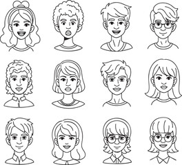 A diverse collection of handdrawn cartoon character portraits in a black and white line art style showing various expressions and hairstyles.