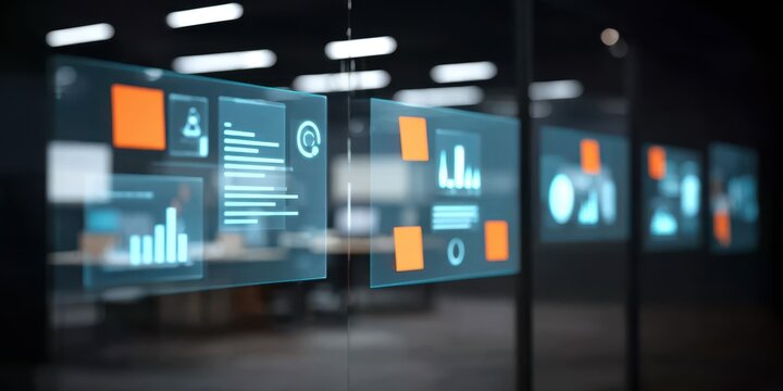 Minimalist office architecture where an Interview takes place beside transparent screens filled with Assessment metrics, sticky notes, final result projections, an intelligent assistant suggesting 