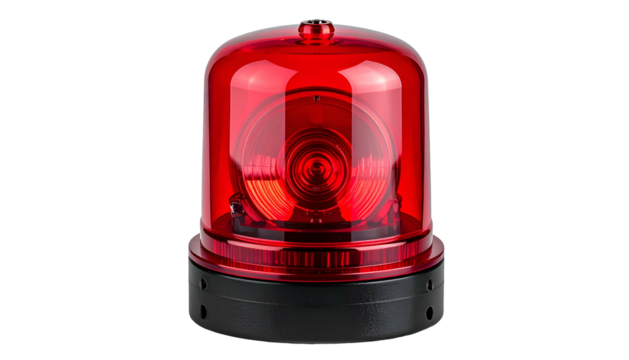 A red, rotating emergency light with a clear dome and black base, isolated on black