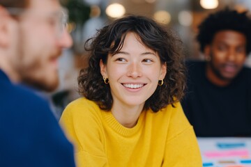 Multicultural group of creatives engaged in collaborative discussion, showcasing diverse expressions and ideas, with a bright and inviting workspace atmosphere