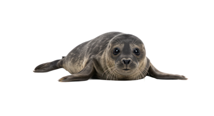 A common seal pup (Phoca vitulina) lies down and looks directly at the camera, isolated on a transparent background.