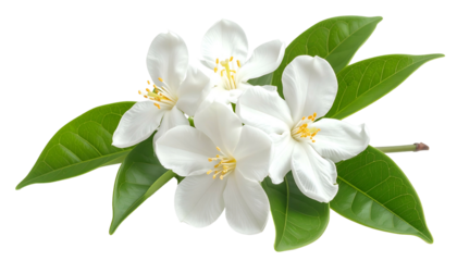 Close-up image of white blossoms with yellow centers and vibrant green leaves