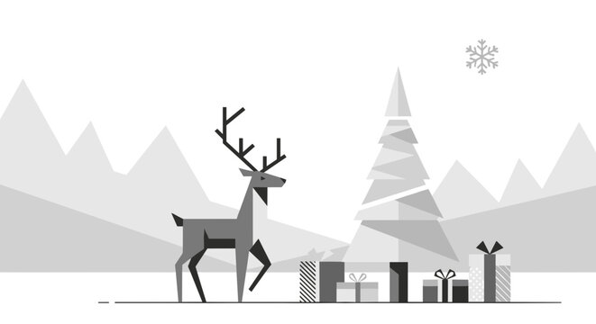 Reindeer in winter scene with Christmas presents creates a festive atmosphere. Reindeer stands out against a backdrop of stylized Christmas trees and snowy hills, evoking winter charm.