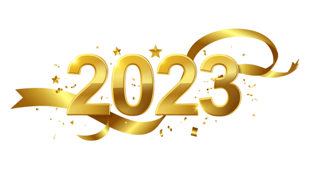 Golden "2023" with ribbon, stars, and confetti on black background for New Year celebration