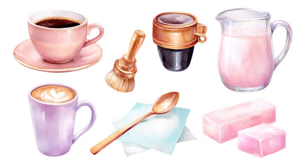 Soft Colorful Collection of Coffee and Milk Objects for Aesthetic Backgrounds