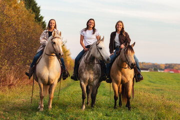 Fototapeta premium Three Young woman having great time with horse in field on autumn season. sunset hour