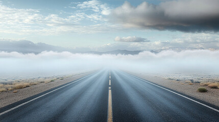 Naklejka premium road disappearing into clouds, symbolizing an unknown journey, mystery, and exploration, evoking introspection, adventure, and the allure of the unseen.