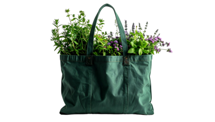 A green tote bag brimming with fresh herbs, centered on a dark background