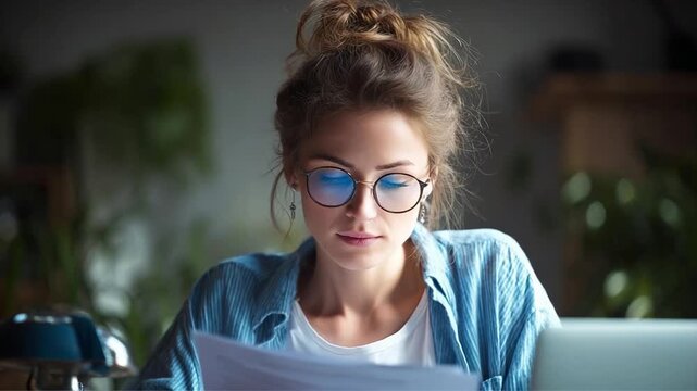A young woman with round glasses studies papers at a desk, with a laptop nearby.