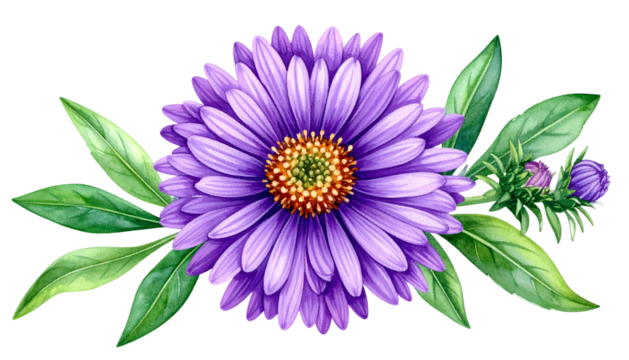Watercolor painting of a purple daisy surrounded by green leaves and buds, on black