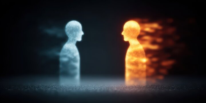 Surreal Interview between avatars inside a dreamscape, Assessment shown as luminous notes floating in space, result and answer revealed through a subconscious training program, emotional interaction