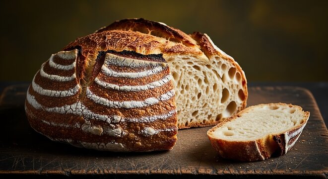 Artisan sourdough bread with a slice cut, showcasing its crusty exterior and airy interior, a testament to traditional baking techniques