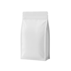 Blank white stand-up pouch packaging mockup for branding, realistic presentation with transparent