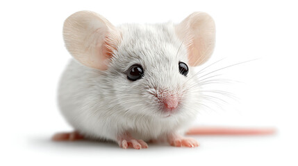A white mouse with large rounded ears and pink nose sits on white surface, curious gaze. Bright fur