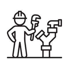 Plumber with wrench and pipes icon