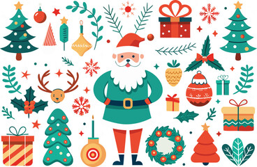 Festive santa and reindeer vector bundle holiday illustration elements isolated on transparent background