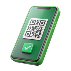 3d smartphone displaying qr code and checkmark isolated on transparent background