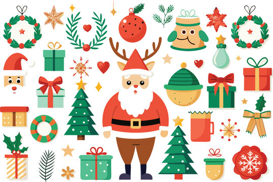 Festive santa and reindeer vector bundle scalable christmas illustration eps isolated on transparent background