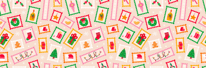 Christmas seamless pattern. Stamp post card, retro style winter holiday postage sticker collection, xmas celebration mail postmark, festive postal label, print for fabric, wrapping paper, textile