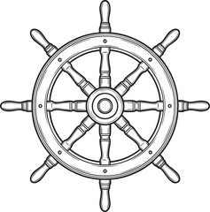 Detailed black and white line art illustration of a classic wooden ships helm with eight spokes and handles.
