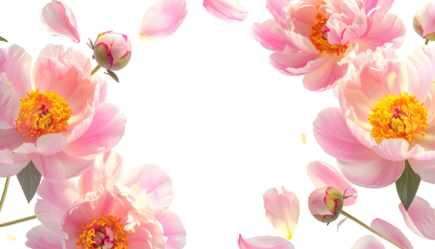 Vibrant pink flowers and petals form a semi-circle frame on a black background