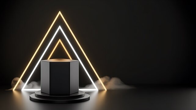 Black Friday hexagonal podium with glowing neon triangles and smoke stage geometric