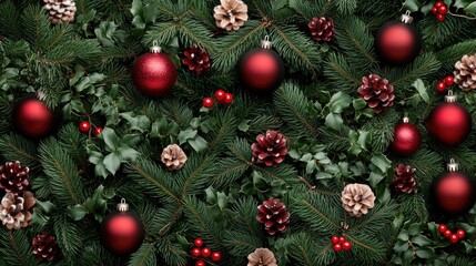 Fototapeta premium Decorative red ornaments and green pine branches create a warm, elegant backdrop perfect for holiday-themed designs and messages