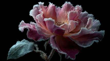 rose made of frost, capturing delicate beauty and impermanence. Perfect for conceptual art, nature photography, digital designs, and visuals exploring fragility and elegance.