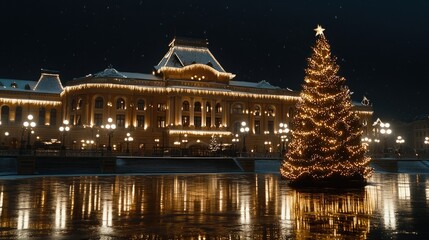 A magnificent Christmas tree adorned with lights captures the festive spirit on Szchenyi Chain Bridge in Budapest at night