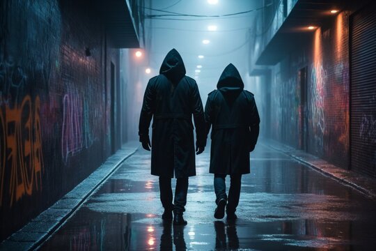 Dunkler Alleyway mit zwei Personen in einer nebligen, urbanen Umgebung