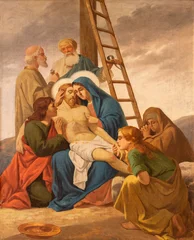 Selbstklebende Fototapeten Jesus Christus SALERNO, ITALY - OCTOBER 6, 2025: The painting of Deposition as the part of Cross way statinos in the church Chiesa della Santissima Annunziata by unknown artist.   © Renáta Sedmáková