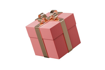3d pink gift box with gold ribbon icon. holiday present concept. Minimal cartoon present giftwrap surprise for ecommerce banner and social ads. isolated on white background. 3d render.
