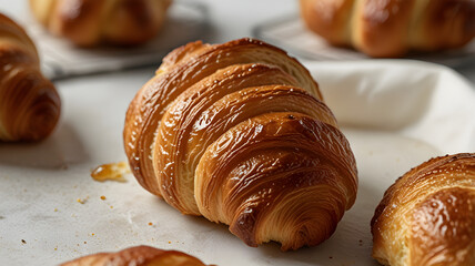 A golden, crispy croissant resting on a smooth surface, its flaky layers perfectly baked to a light crunch.
