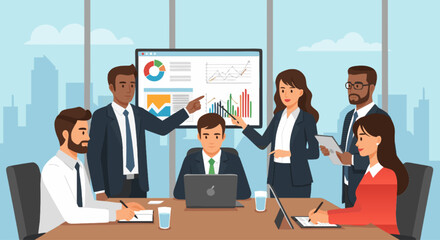 Business meeting in a modern office with diverse team collaborating on a project, analyzing charts and graphs on a large screen, discussing strategies with enthusiasm and professionalism