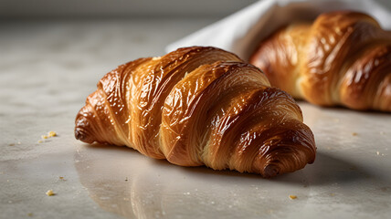 A delicious golden-brown croissant with a perfectly crisp, flaky texture placed on a clean white background.