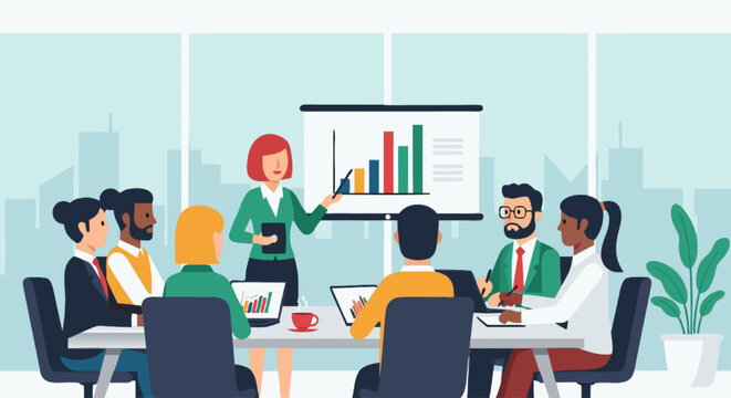 Diverse group of professionals collaborating during a business meeting, presenting data and ideas on a whiteboard for a successful strategy discussion