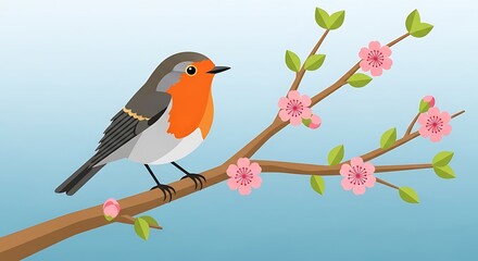 Robin bird spring blossom branch.