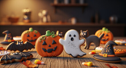 Festive Halloween cookies arranged on a wooden surface, featuring a ghost, pumpkin, bat, cat and witch hat. Symbolic of Halloween celebration