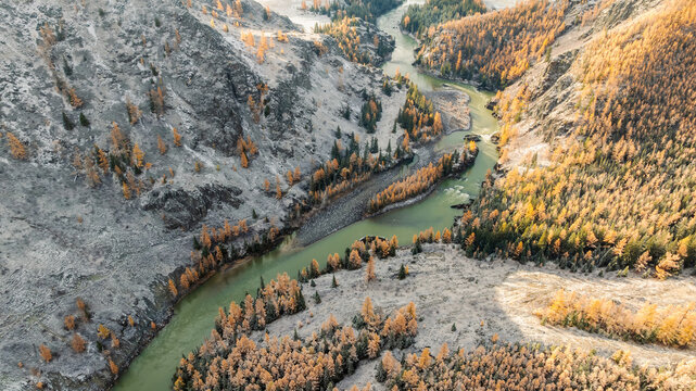 Aerial view of the Argut river in Altai.