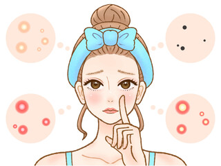 肌荒れに悩むニキビができた顏の大人女性のイラスト素材