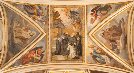 CAVA DE TIRRENI, ITALY - OCTOBER 7, 2025: The ceiling fresco of Death of St. Benedict in the church...