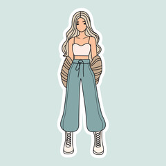 Trendy vector illustration of a stylish girl in a crop top, loose blue pants, and boots, with long flowing hair and cozy jacket. Minimal aesthetic with modern neutral tones.