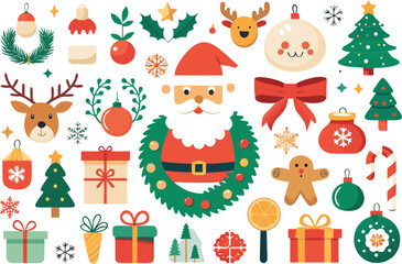 Festive christmas vector bundle santa claus reindeer trees gifts ornaments icons isolated on transparent background