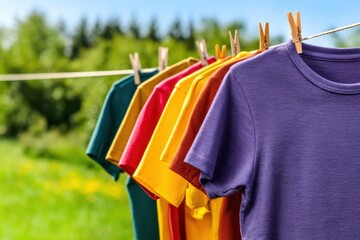 Obraz premium Colorful shirts hanging on a clothesline in a sunny field with greenery and flowers in the background
