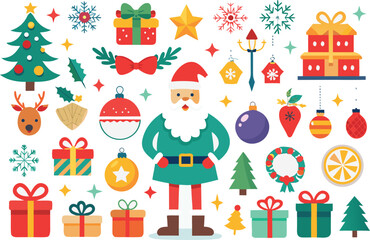 Festive vector christmas bundle santa claus reindeer gifts tree icons and decorations isolated on transparent background