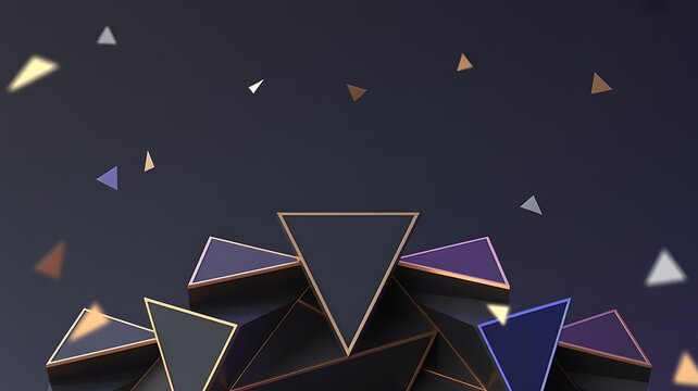Dark Abstract Background with Floating Geometric Triangles and Golden Edges image photo