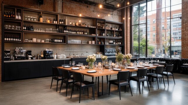 A long dining table in a contemporary kitchen is beautifully set with drinks, vibrant flowers, and a view of wine bottles in shelves