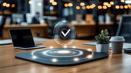 A digital checkmark indicates accomplishment within a stylish office environment featuring ample natural light and plant decor